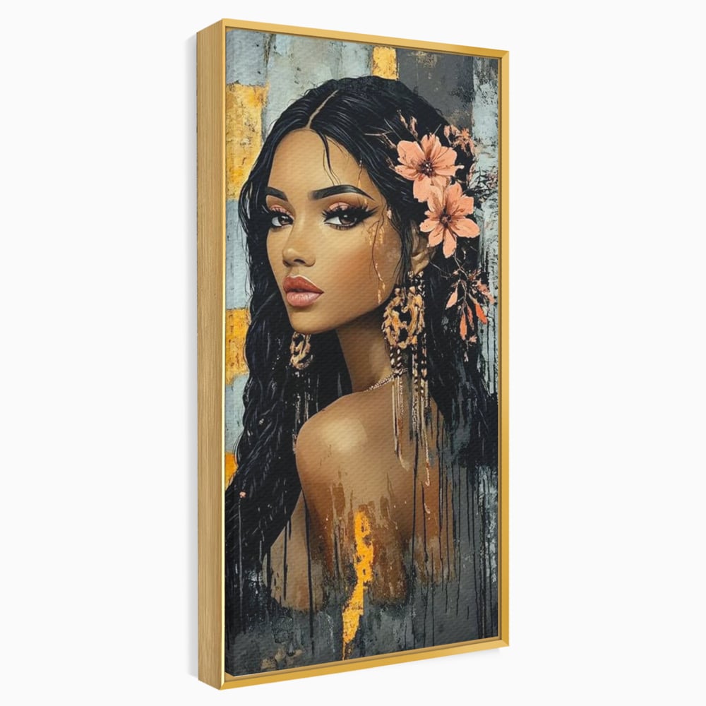 Tablou canvas cu tablou canvas cu femeie si flori in par, in rama de aluminiu auriu